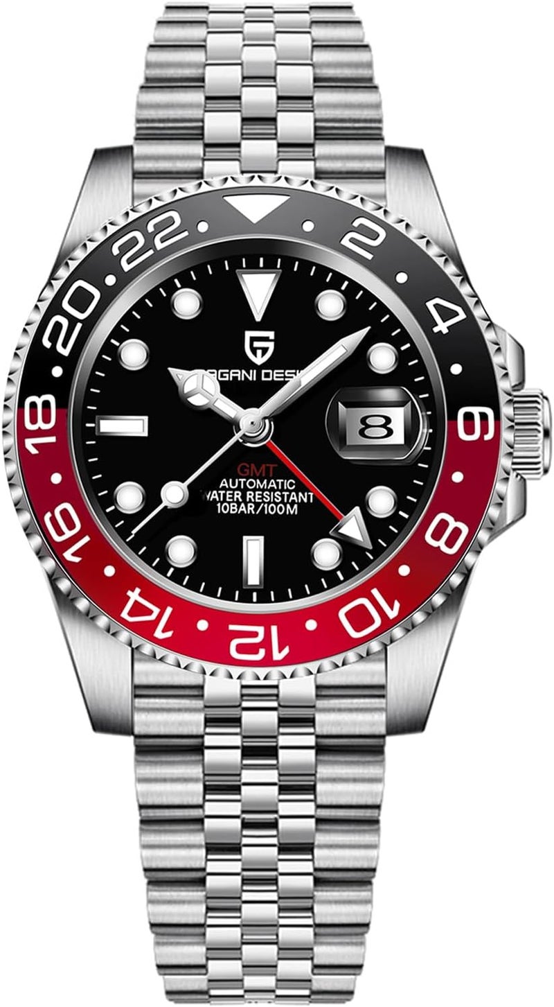 PAGANI DESIGN ساعة باجاني ديزاين أوتوماتيكية ميكانيكية للرجال GMT - مقاومة للماء حتى 100م مع إطار سيراميك وأيدي مضيئة (يوبيل-أسود أحمر) - Image 1